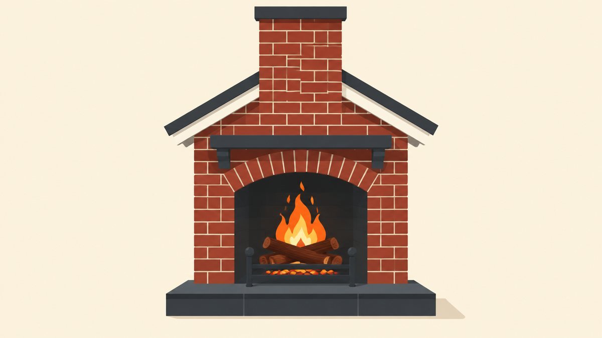 Flat illustration of a brick fireplace with a small fire, a log grate, a hearth and the chimney rising above the roofline