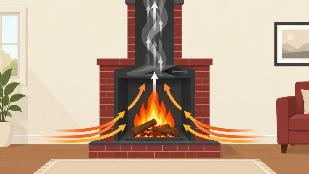 Flat illustration of warm room air flowing into a fireplace opening while smoke rises through the damper and the flue