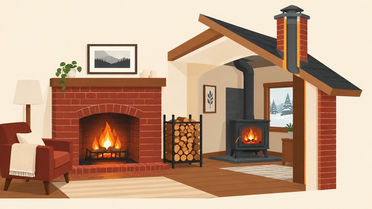 Illustration of a brick fireplace with a fire, a firewood rack, a wood stove and a chimney rising through the roof